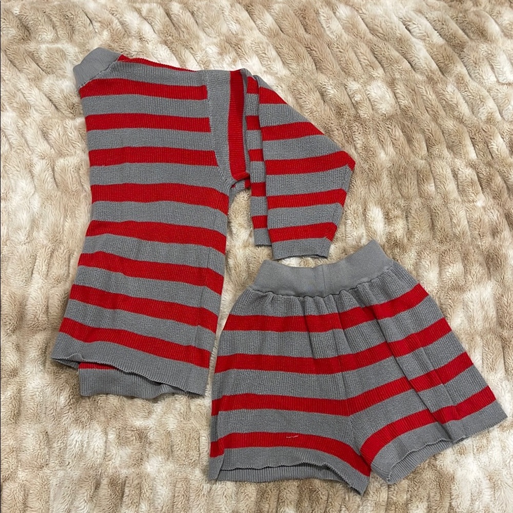 Red and Gray Striped Knit Set
